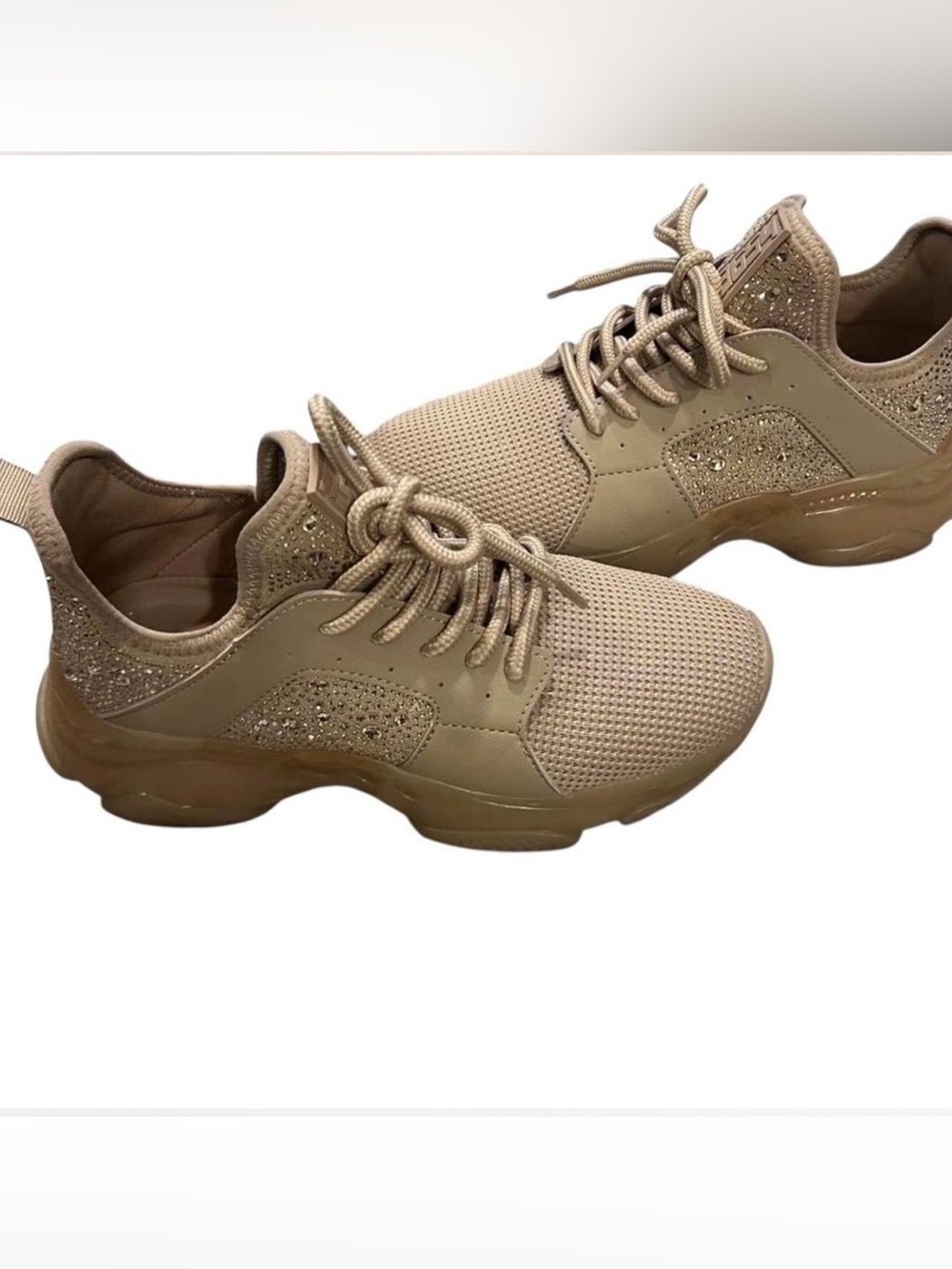 Steve Madden Taupe Knit Lace-Up Sneakers with Rhinestone Panels